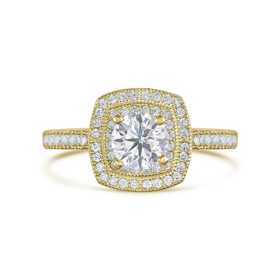 Front view of 10k gold Eli ring featuring a square double cubic zirconia halo.