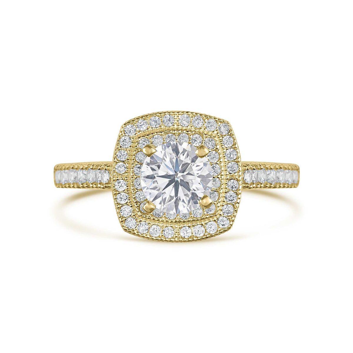 Front view of 10k gold Eli ring featuring a square double cubic zirconia halo.