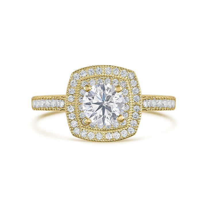 Front view of 10k gold Eli ring featuring a square double cubic zirconia halo.
