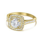 Angled view of 10k gold Eli ring with double square cubic zirconia halo.