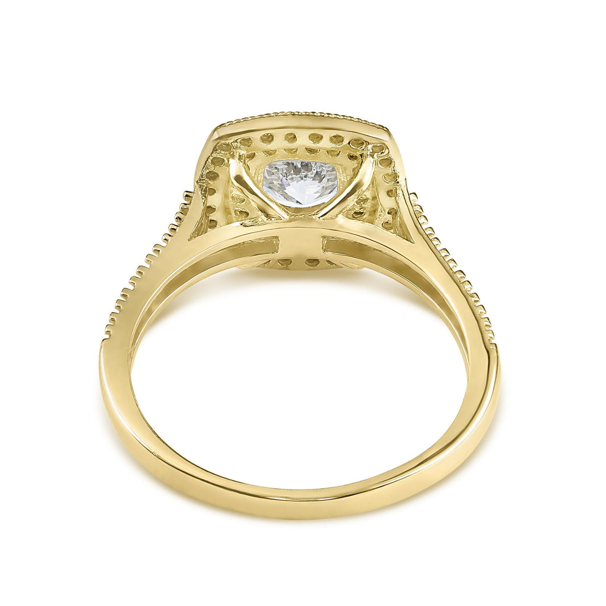 Inner view of 10k gold Eli ring showing the smooth band and cubic zirconia under-gallery.