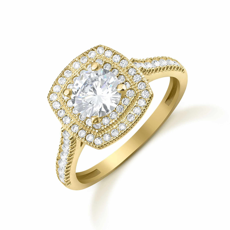 Yellow gold ring featuring a large square cubic zirconia halo setting on white background.