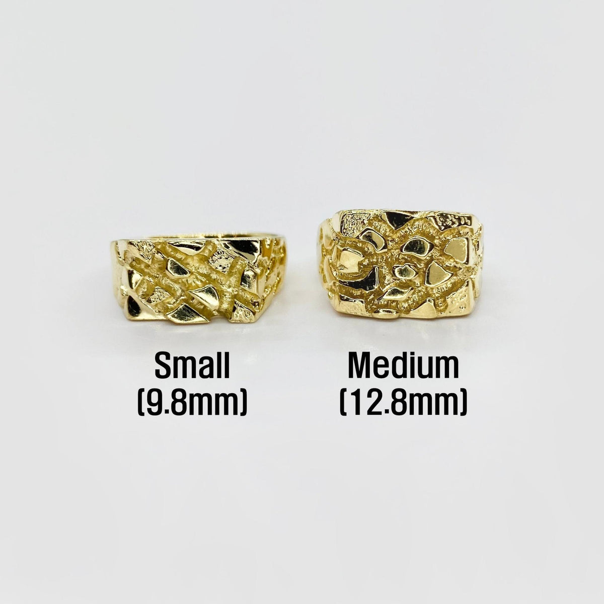 Two 10k gold Epoch Nugget Rings
with sizes labeled on a white background.