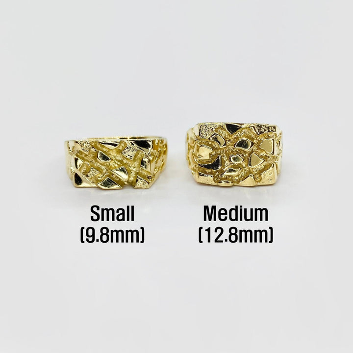 Two 10k gold Epoch Nugget Rings
with sizes labeled on a white background.