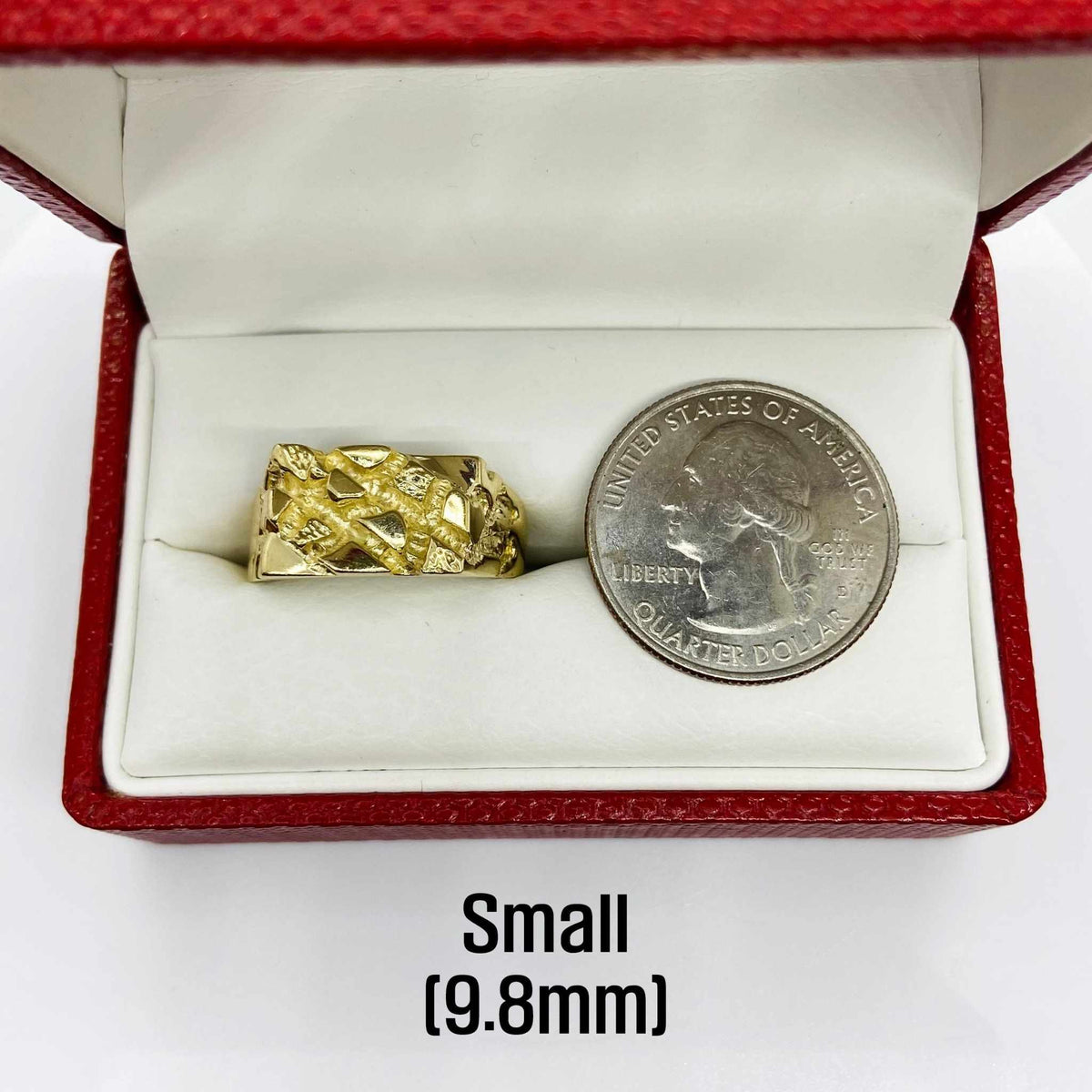 10k Gold Epoch Nugget Ring
 in a red box with a quarter for scale 