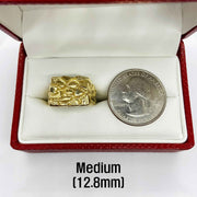 10k Gold Epoch Nugget ring with a quarter for scale on a white background.