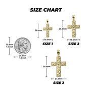 Size chart graphic comparing three gold cross pendants with millimeter dimensions and a quarter.