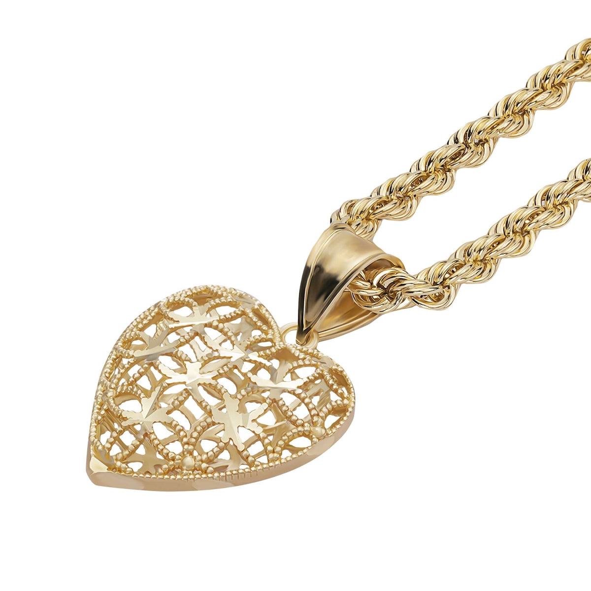 Close-up of the 10k gold puff heart pendant and rope chain against a white background.