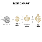 A size chart graphic showing heart-shaped pendant measurements in millimeters and inches