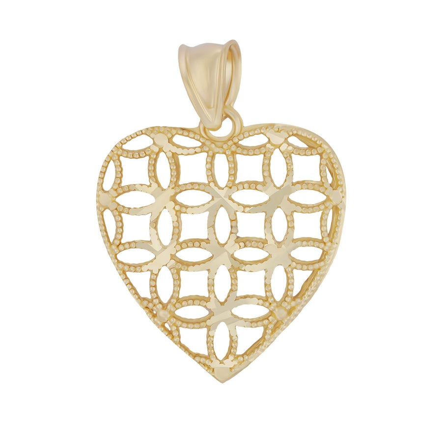10k gold puff heart pendant featuring an intricate openwork filigree pattern.