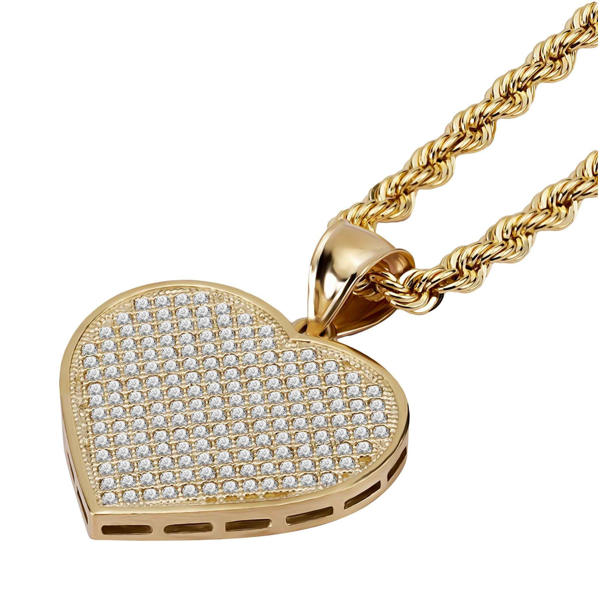 A gold heart-shaped pendant necklace covered in small clear stones, suspended from a gold rope chain on a plain white background.