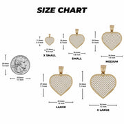 Heart pendant size chart diagram displaying dimensions in millimeters and inches.