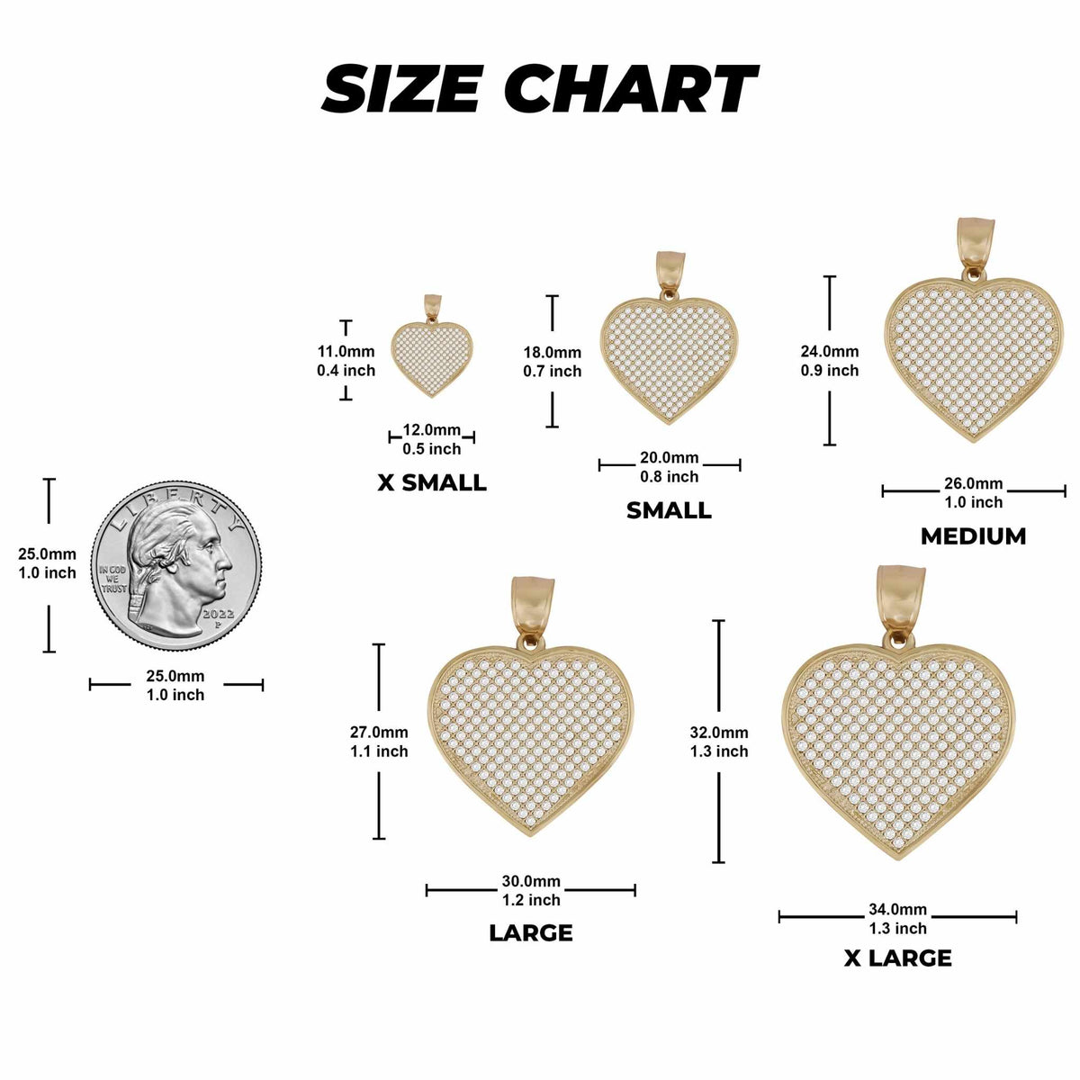 Heart pendant size chart diagram displaying dimensions in millimeters and inches.