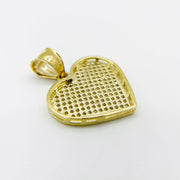 Back view of yellow gold pave CZ flat heart pendant with grid pattern.