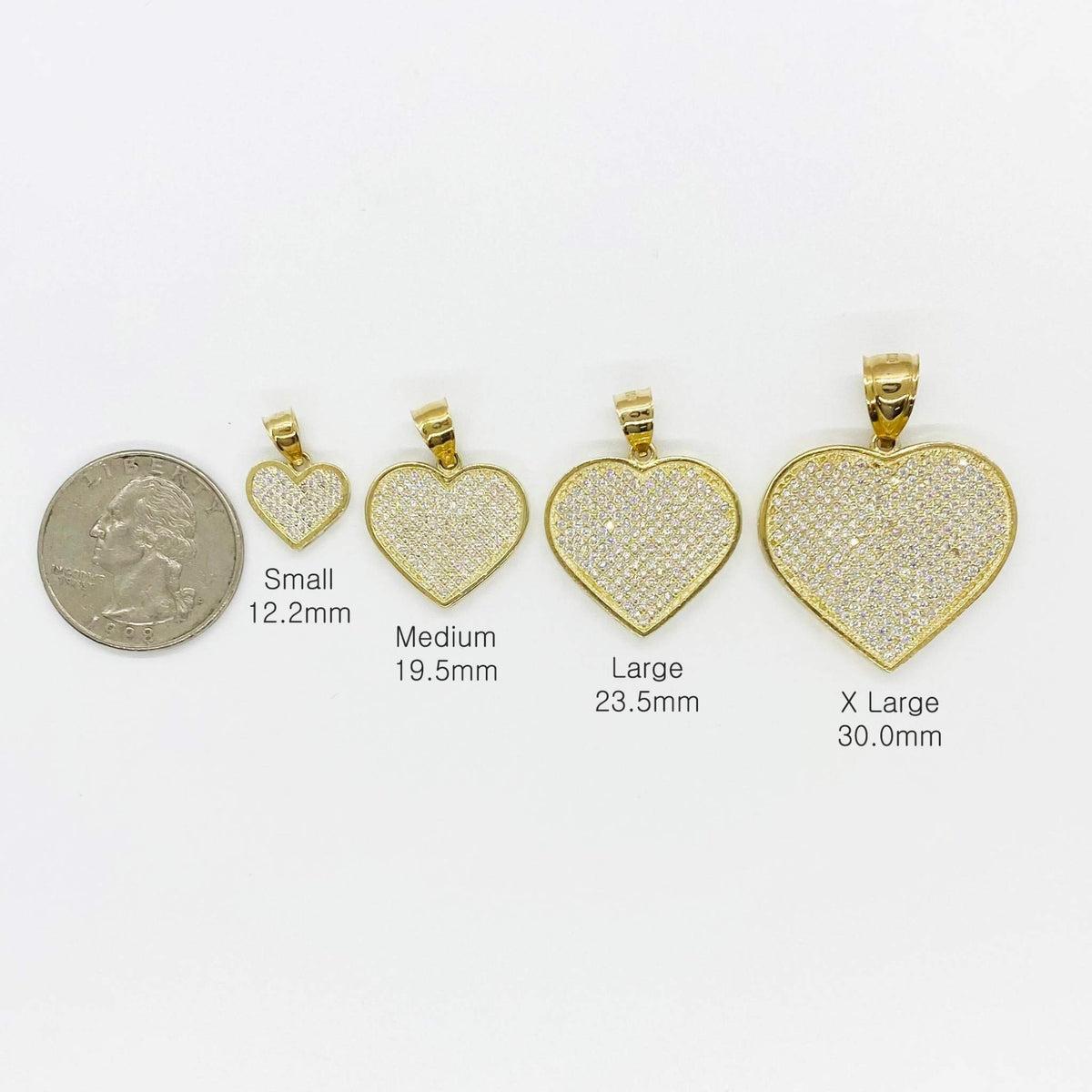 Size chart comparing gold CZ heart pendants in four sizes next to a US quarter.