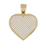 A gold heart-shaped pendant covered in small clear pavé stones, set against a plain white background.