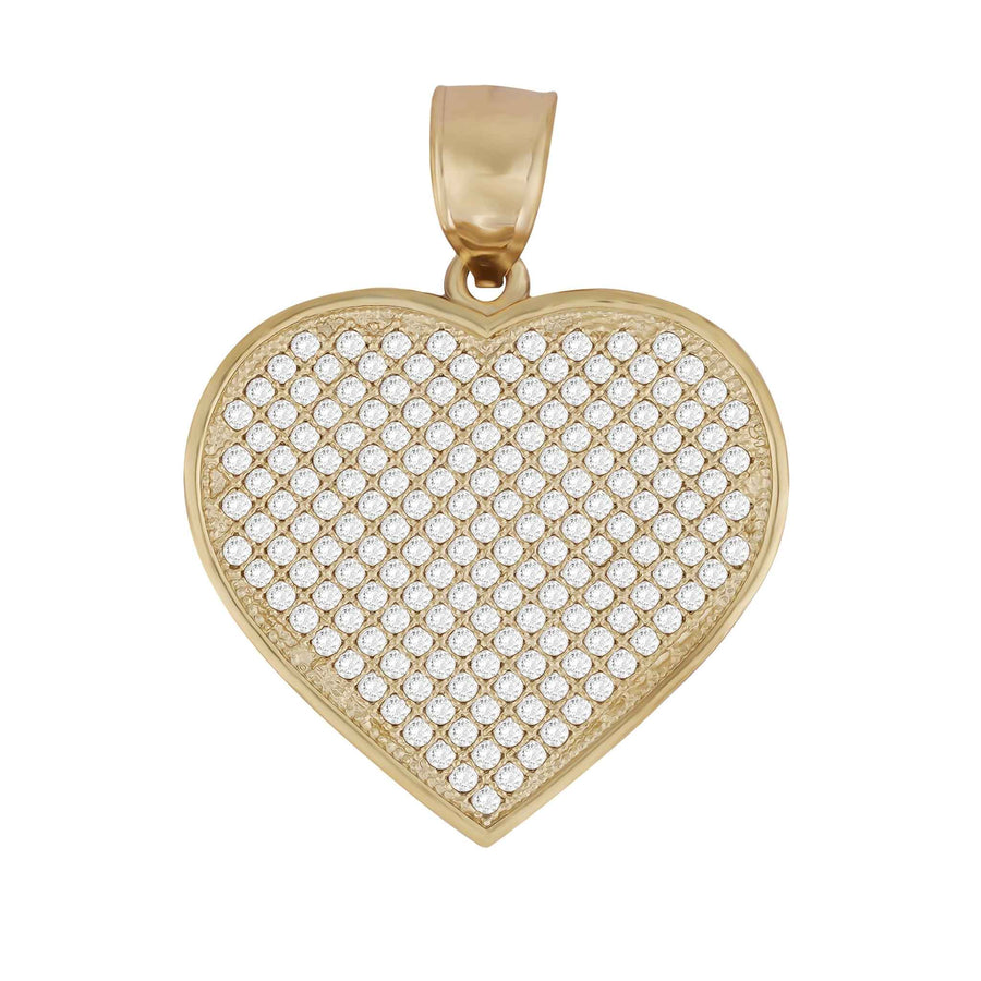 A gold heart-shaped pendant covered in small clear pavé stones, set against a plain white background.