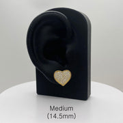 Medium 14.5mm heart-shaped 10k gold CZ stud earring displayed on a stand with size label.