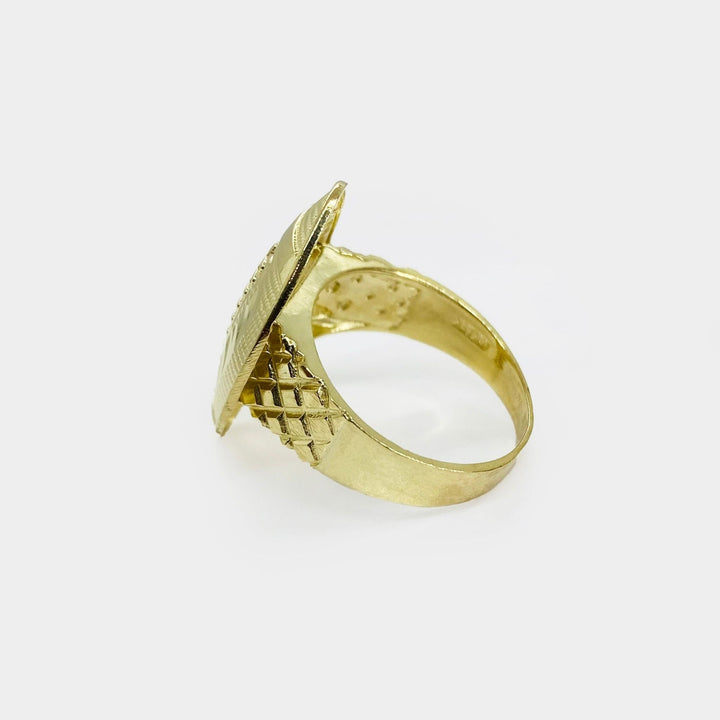 10k Gold ring with football shape side view design on a white background