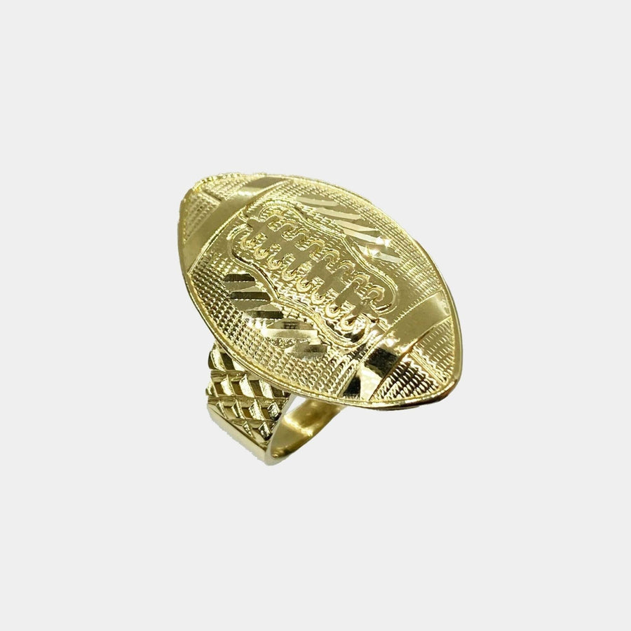 10k Gold football shaped ring on a white background