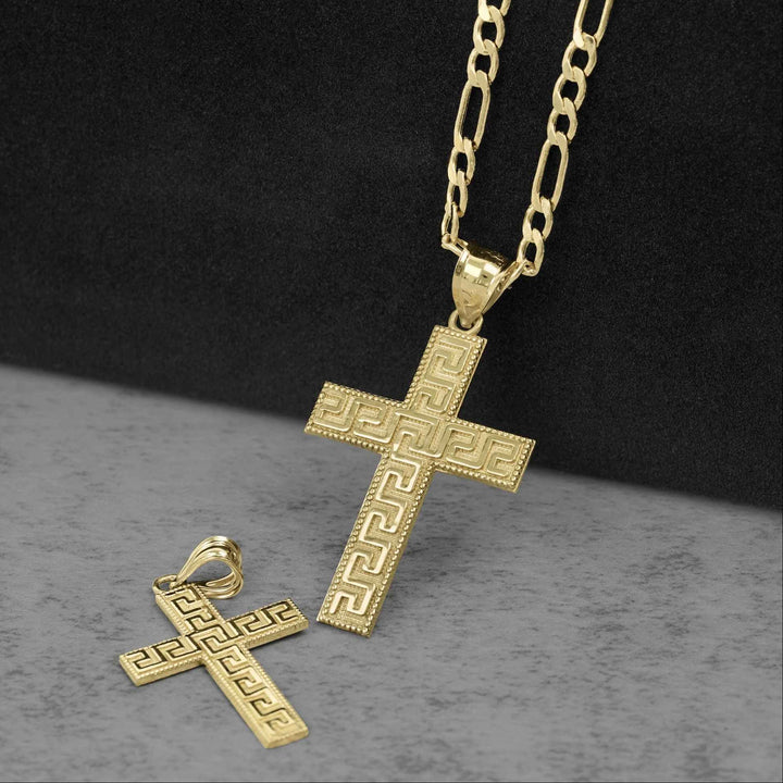10k solid yellow gold Greek key cross pendant and chain with a smaller charm.