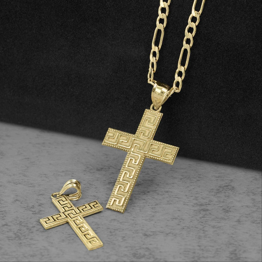 10k Gold Gilor Greek Key Cross Pendant Necklace