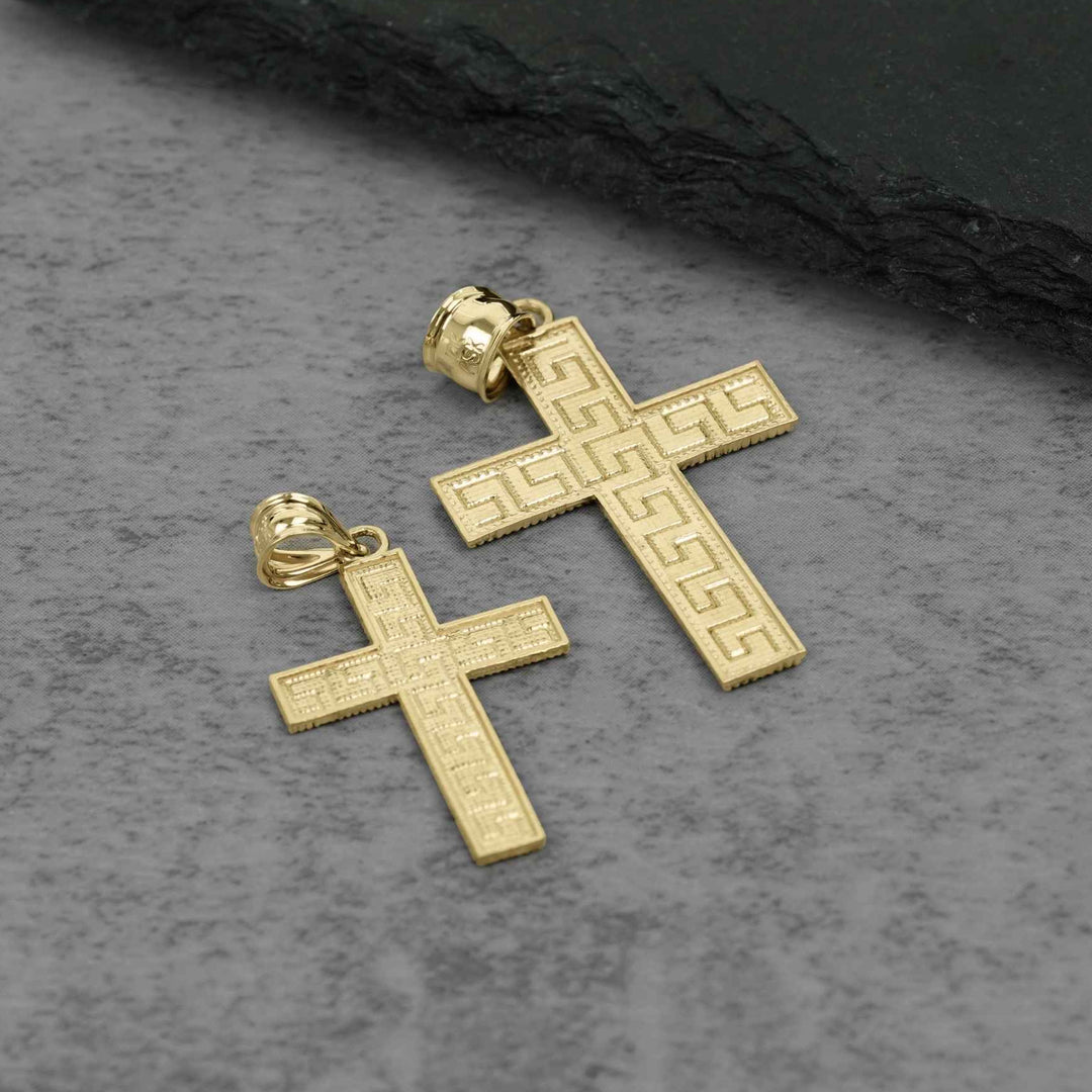 10k solid yellow gold Greek key cross pendant and chain with a smaller charm.
