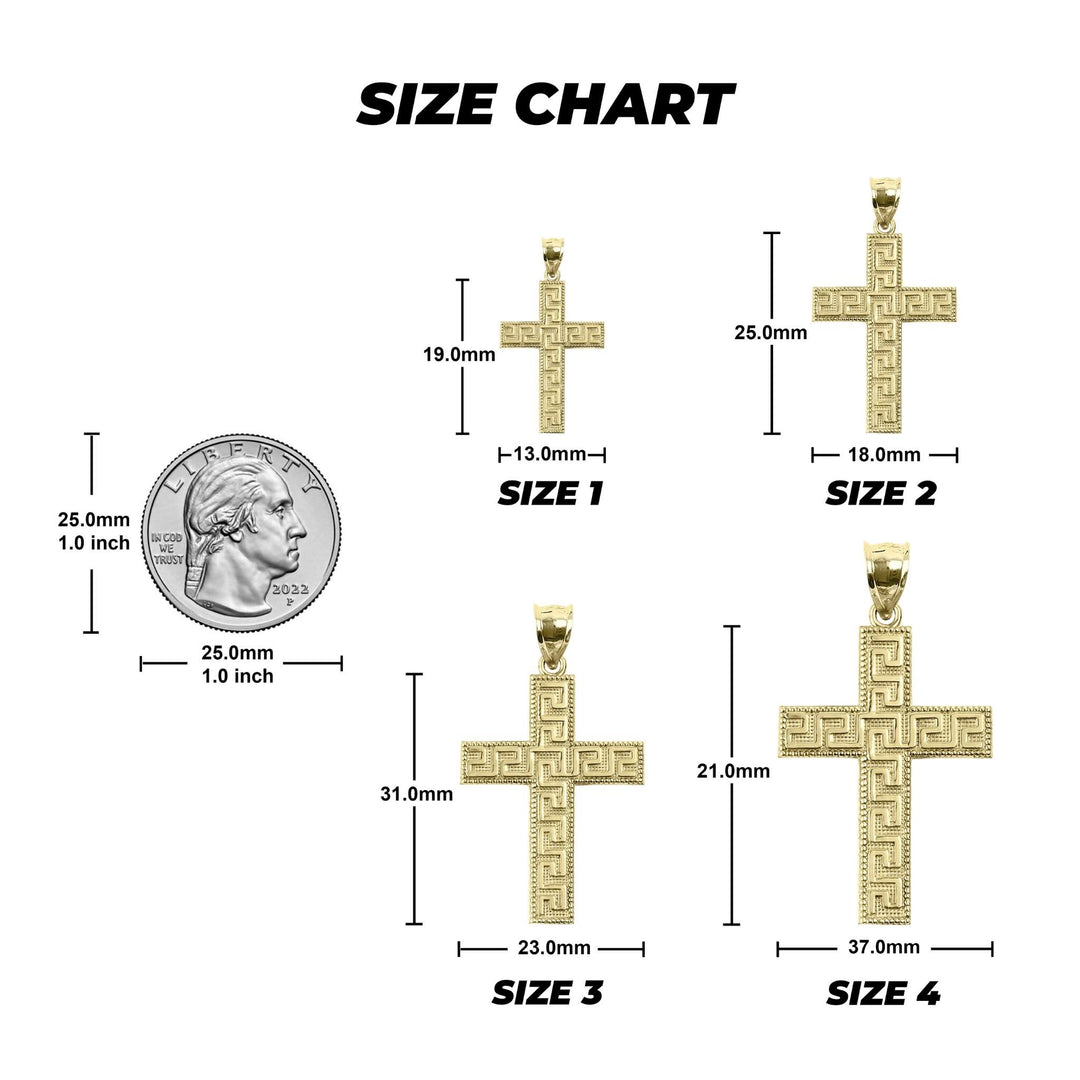 Size chart graphic for 10k solid gold Gilor cross pendants compared to a U.S. coin.