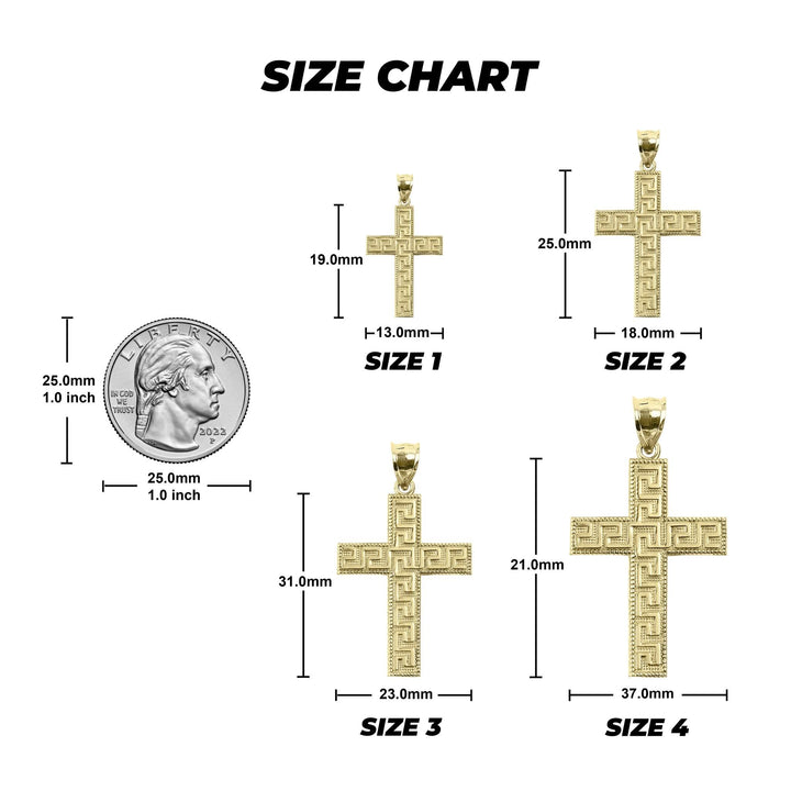 Size chart graphic for 10k solid gold Gilor cross pendants compared to a U.S. coin.
