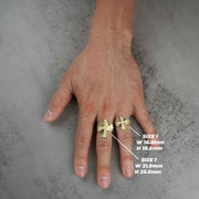 hand wearing two 10k gold gothic cross nugget ring with size measurements.