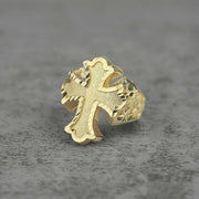 10k Gold Gothic Cross Nugget Ring front view on a gray backgroud