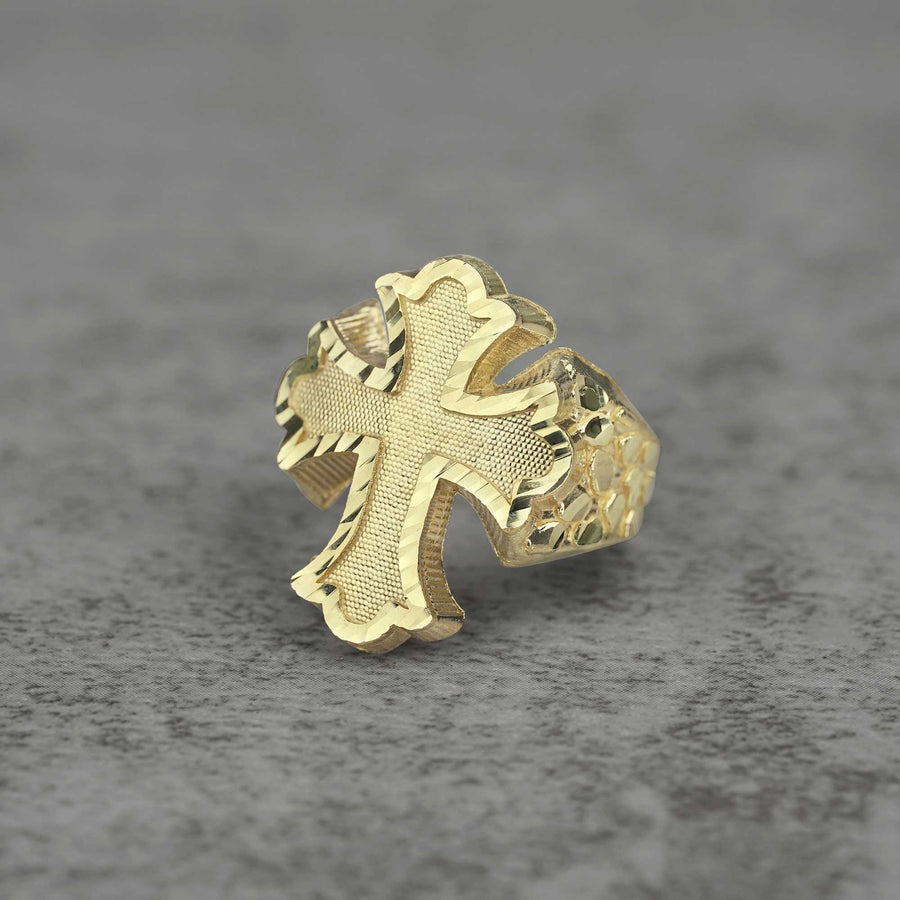 10k Gold Gothic Cross Nugget Ring front view on a gray backgroud