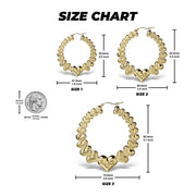 Size chart for 10k gold heart hoop earrings comparing three sizes against a US quarter.