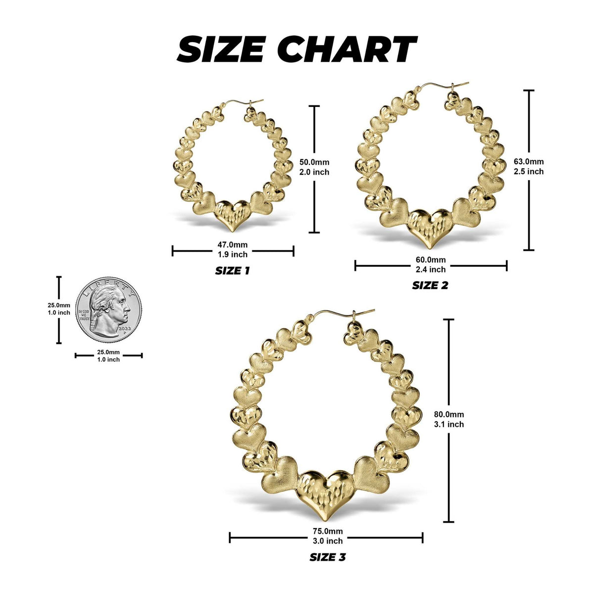 Size chart for 10k gold heart hoop earrings comparing three sizes against a US quarter.