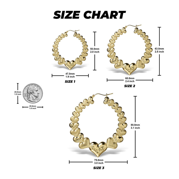Size chart for 10k gold heart hoop earrings comparing three sizes against a US quarter.