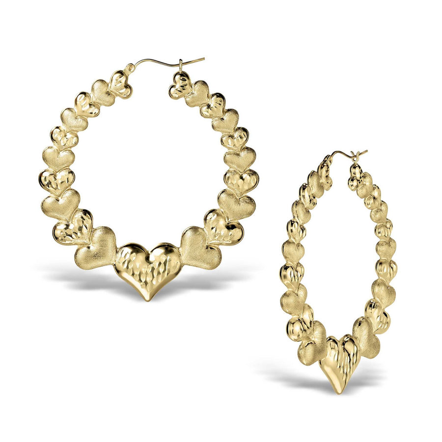 Pair of 10k gold hoop earrings featuring a unique interconnected heart design.