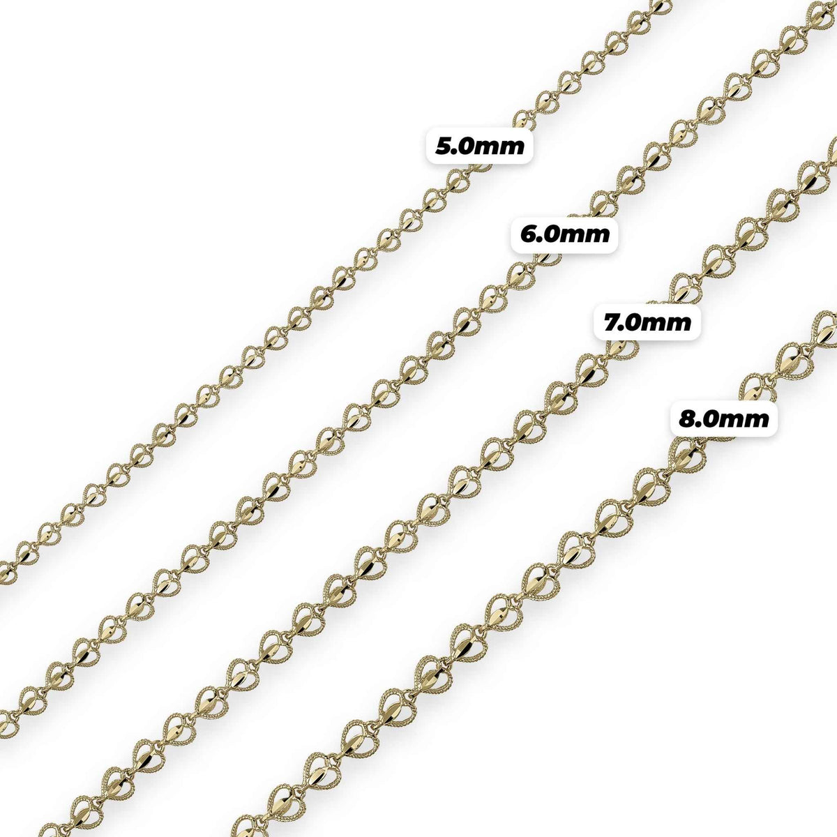 Size chart comparing 10k gold heart Turkish link chain widths from 5mm to 8mm.