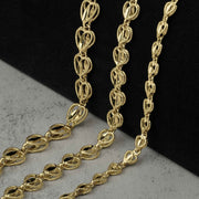 Three solid 10k yellow gold heart Turkish link chains displayed in varying thickness options.