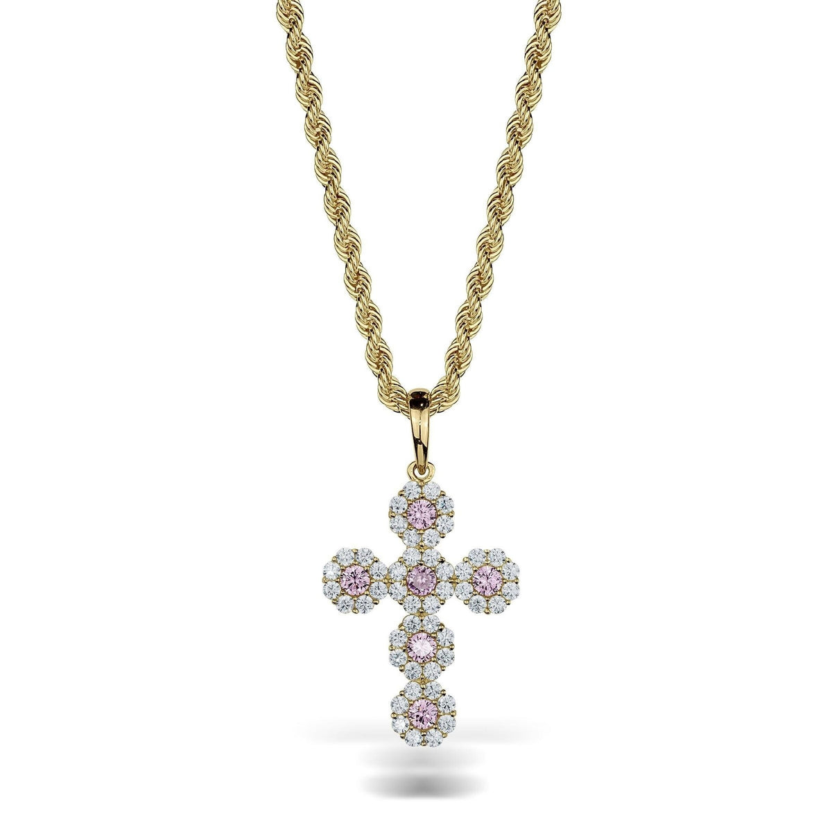 Hex-shaped gold cross pendant set with pink center stones and clear pavé CZ borders.