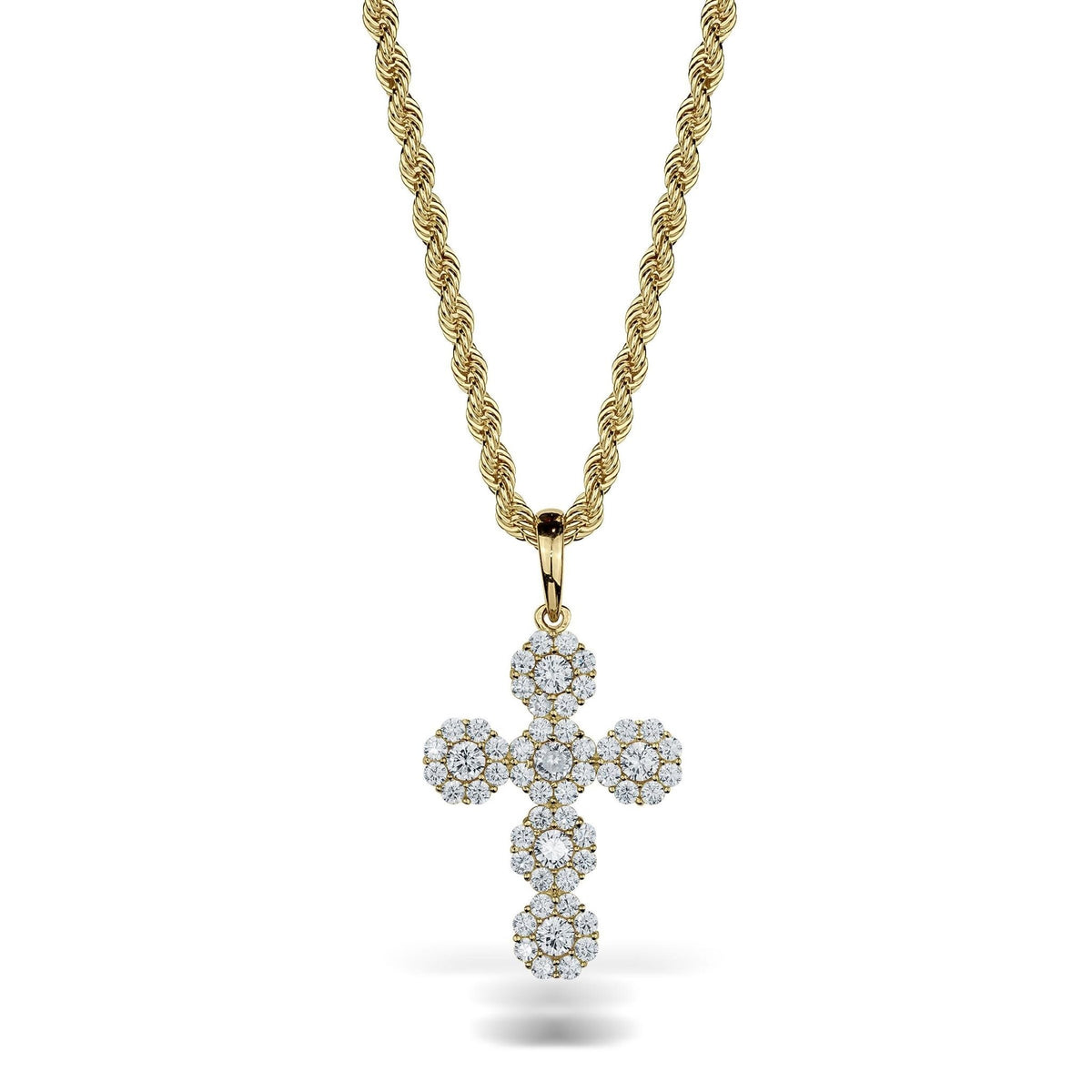 10k gold hexagonal cross pendant featuring clear cubic zirconia on a gold rope chain.