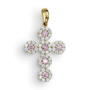 Iced-out gold cross pendant charm with hexagonal pink and white CZ cluster details.