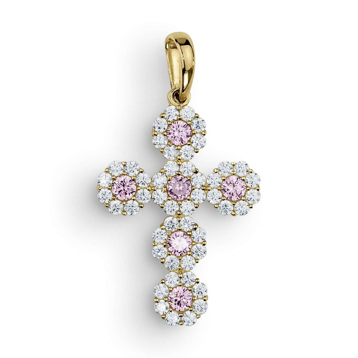 Iced-out gold cross pendant charm with hexagonal pink and white CZ cluster details.