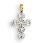 Front view of an iced-out gold cross pendant featuring clear cluster centers and CZ borders.