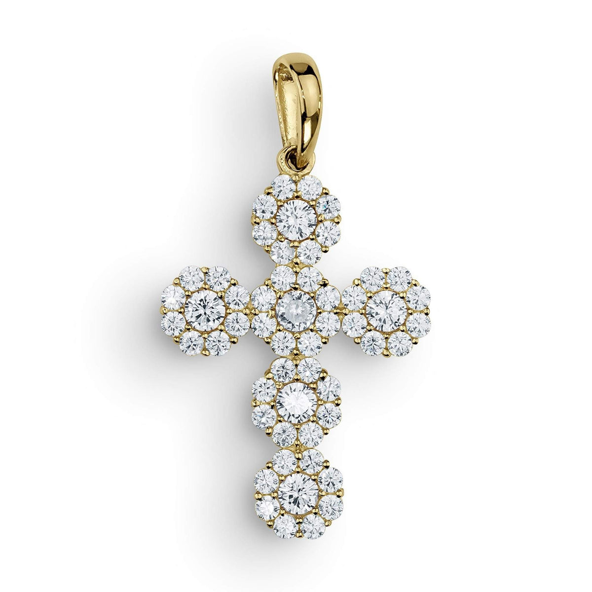 Front view of an iced-out gold cross pendant featuring clear cluster centers and CZ borders.