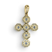 Front view of an iced-out gold cross pendant featuring clear cluster centers and CZ borders.