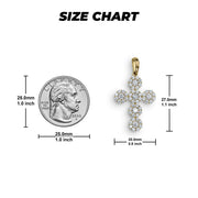 Size chart showing a gold iced-out cross pendant with clear cubic zirconia next to a U.S. quarter for scale.