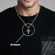 Model wearing an iced-out hexagonal cross pendant on a gold rope chain with length indicator.