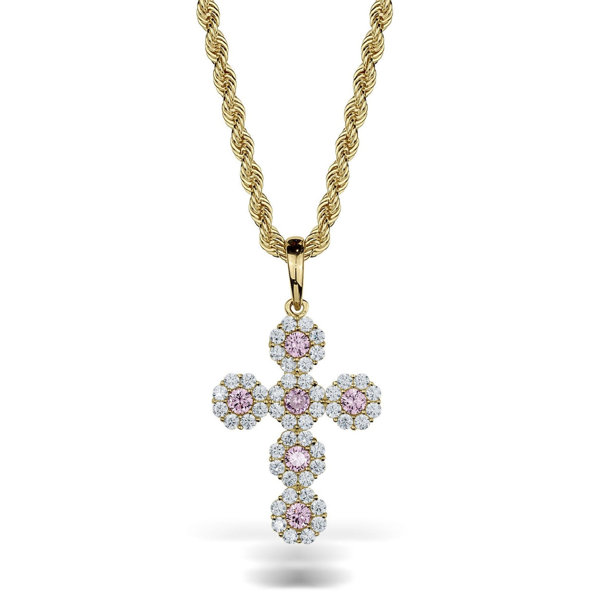 10k yellow gold hexagon cross pendant featuring pink and clear cubic zirconia on a twisted chain.