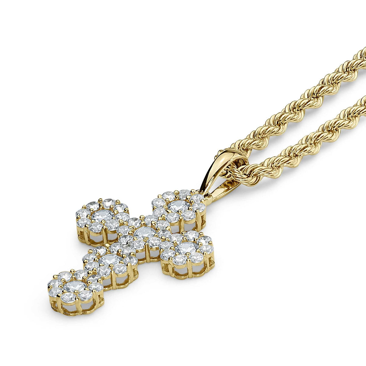 Yellow gold hexagon cross pendant paved with clear cubic zirconia on a twisted chain.