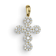 Yellow gold hexagon cross pendant paved with clear cubic zirconia gemstones on a white background.